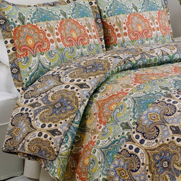 Hand-Sewn Genoa Paisley Twin Quilt 68x86 Cotton Reversible Bedspread Courtpointe - Picture 3 of 9